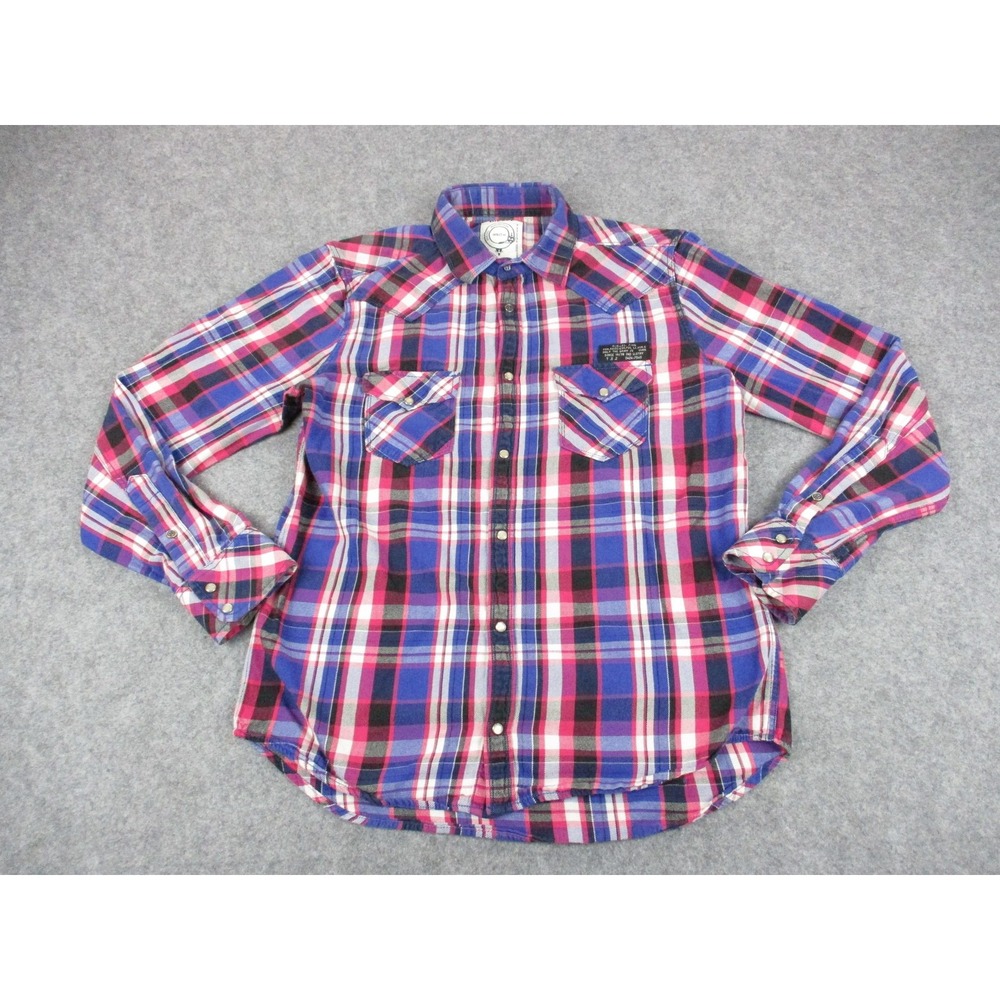 Diesel Shirt Mens Large Purple White Plaid Flannel Pearl Snap Long Sleeve